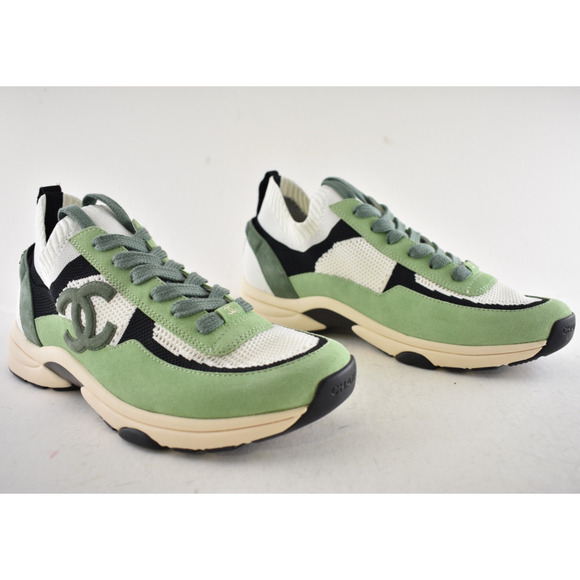Chanel 22C Mens Green White Black Suede Knit CC Logo Low Trainer Sneaker 44 11 - Picture 3 of 13